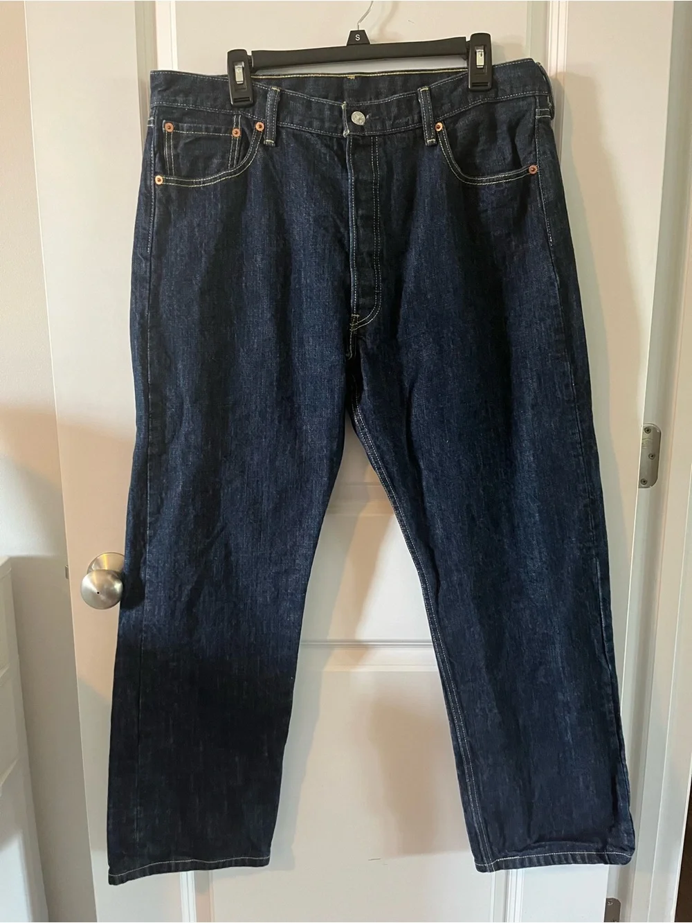 Levi's Men's Straight Dark Blue Denim Jeans Button Fly with Leather Patch